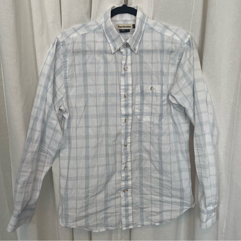 Tom Beckbe- Shirt Mens Small White Blue Check Plaid  Button Up